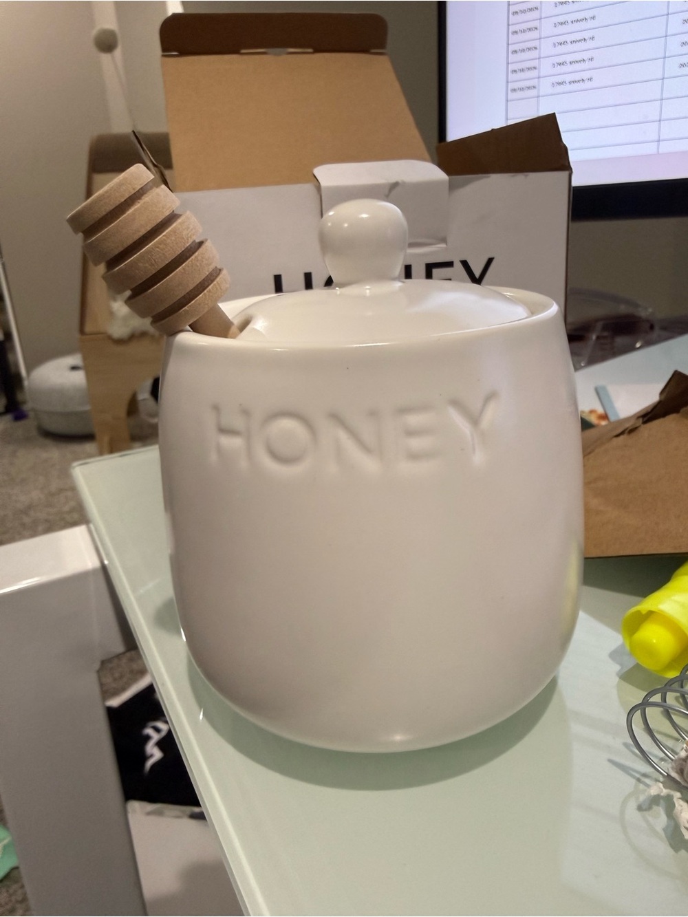 White Ceramic Honey Jar with Lid and Wooden Dipper